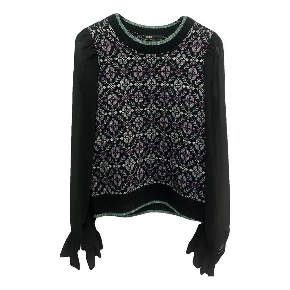 Maje Black Top with Lilac and Teal Metallic Knit Detail size 1